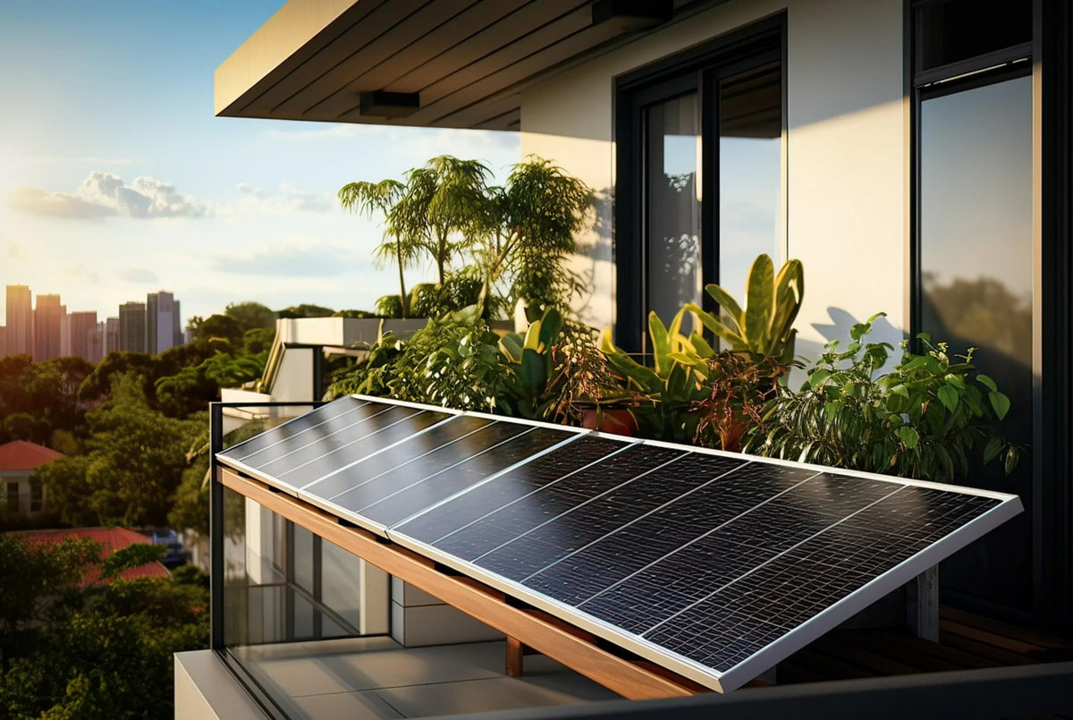 Balkonkraftwerk mit Solarpanelen auf einem Balkon, das erneuerbare Energie produziert