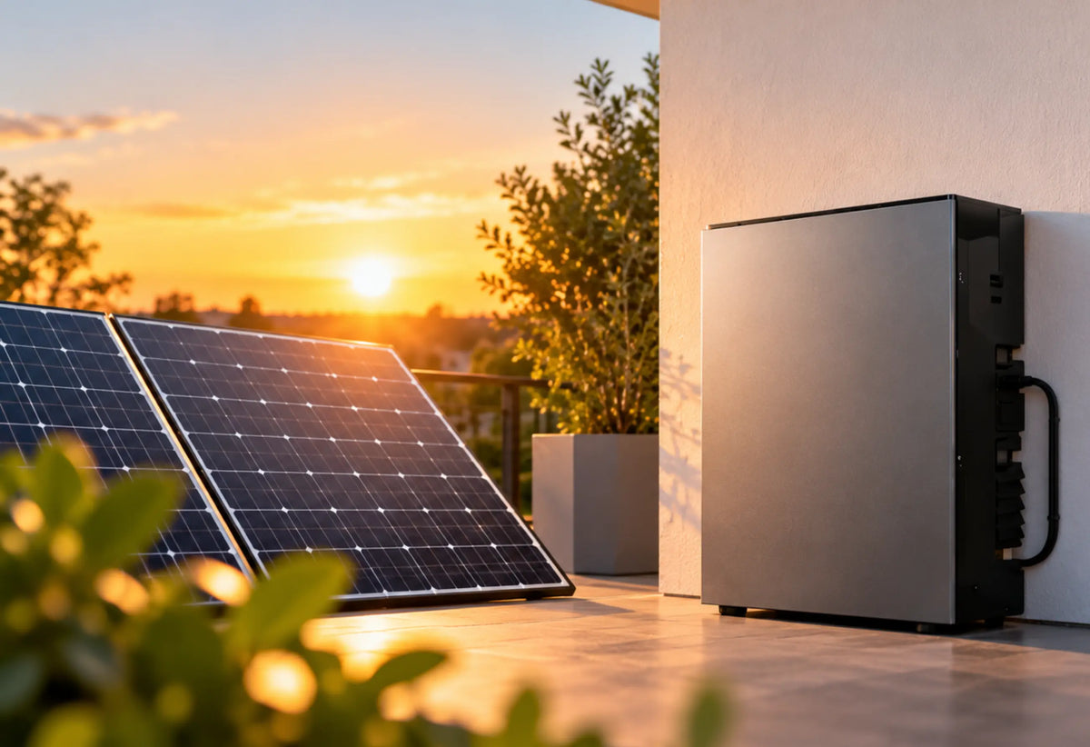 Photorealistisches Titelbild eines EcoFlow-Speichers auf einer Terrasse bei Sonnenuntergang, daneben zwei Solarmodule, mit Blick in den warm beleuchteten Wohnbereich.