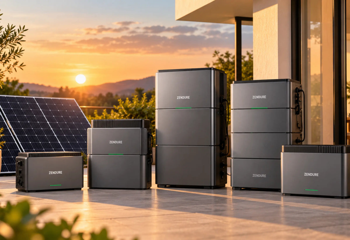Mehrere Zendure-Stromspeicher stehen auf einer modernen Terrasse neben zwei Solarmodulen, im Hintergrund ein Wohnhaus bei warmem Abendlicht.