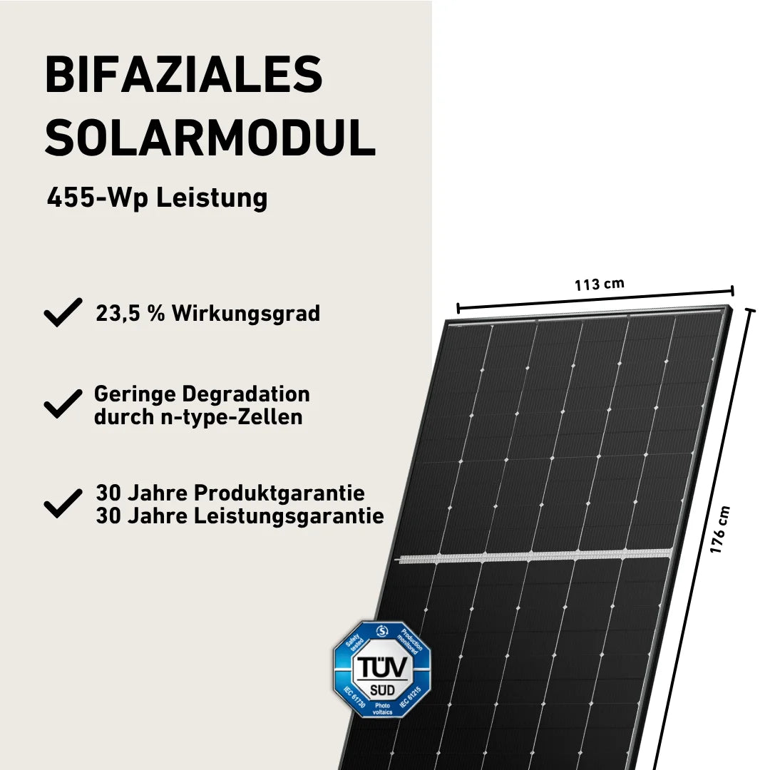 Balkonstrom Basic Bifaziales Solarmodul 450-WP Produktbild mit Produkteigenschaften