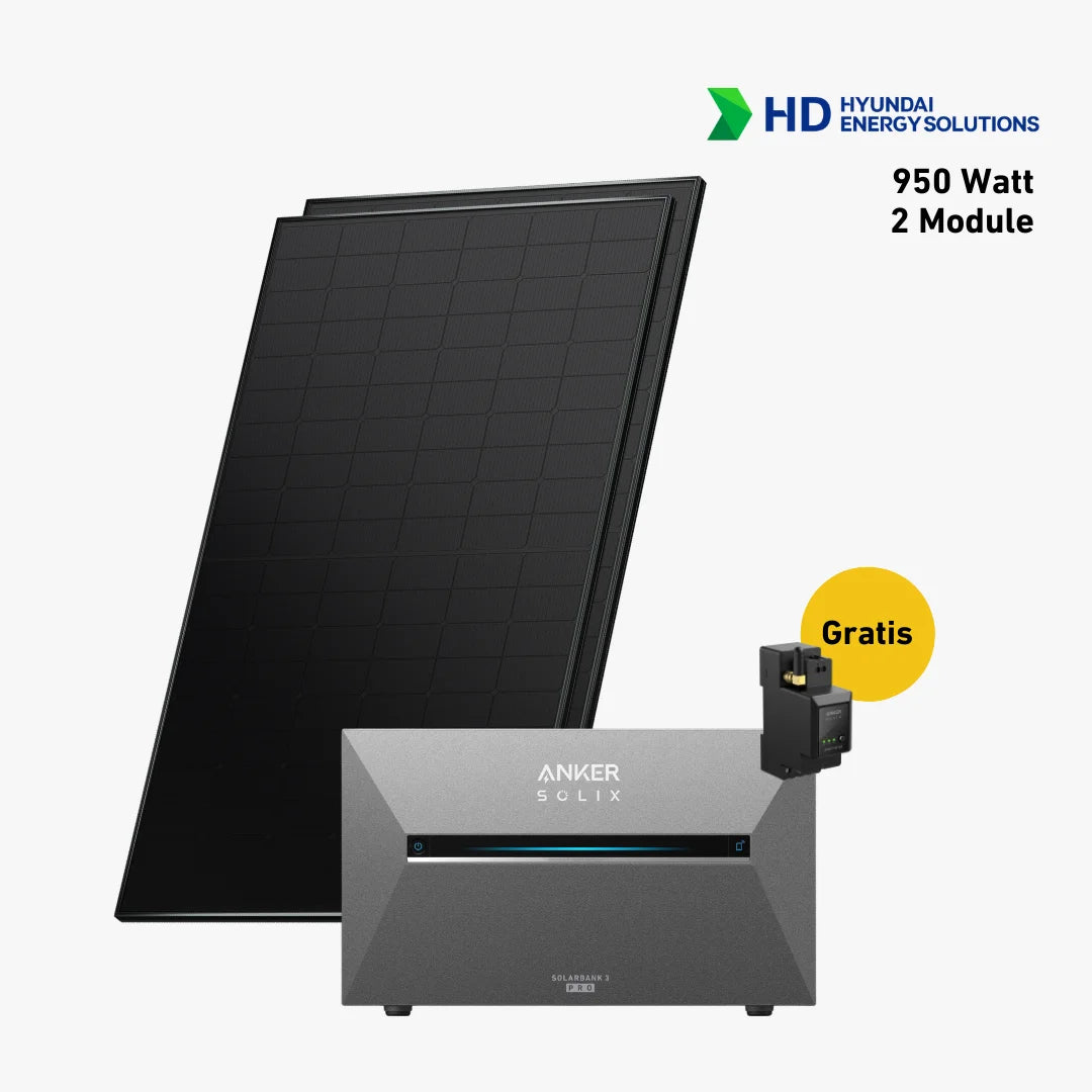Premium Balkonkraftwerk Set mit 2 fullblack Solarmodulen, Anker Solix Stromspeiche, Anker Smart Meter und Sehr gut label