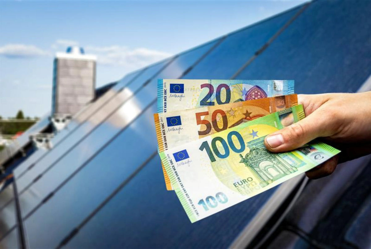 Eine Hand mit Geldscheinen vor einem Dah, auf dem Solarmodule montiert sind.