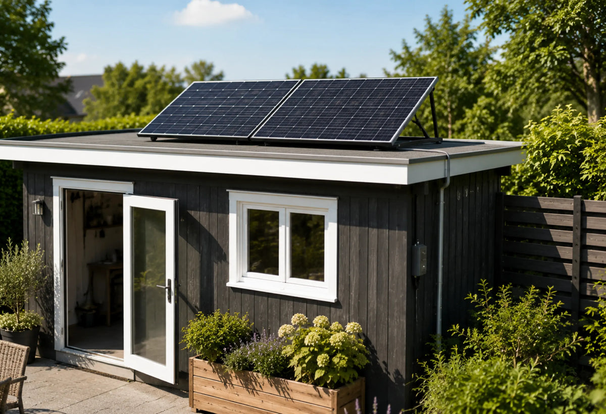 Modernes Gartenhaus mit zwei Solarmodulen auf dem Flachdach in sonnigem Garten – kleines Balkonkraftwerk zur nachhaltigen Stromerzeugung.