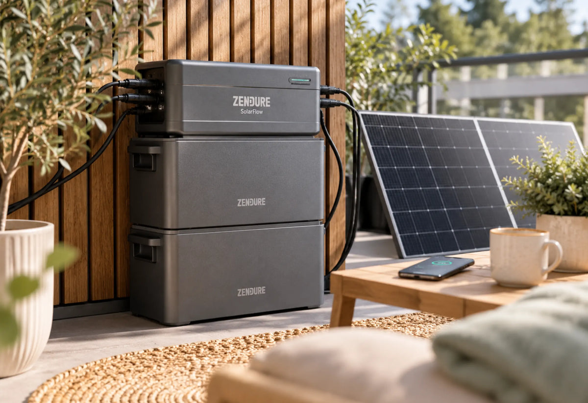 Zendure SolarFlow Speicher mit gestapelten Akkumodulen auf einem modernen Balkon, daneben ein Solarmodul sowie Smartphone und Sitzbereich.