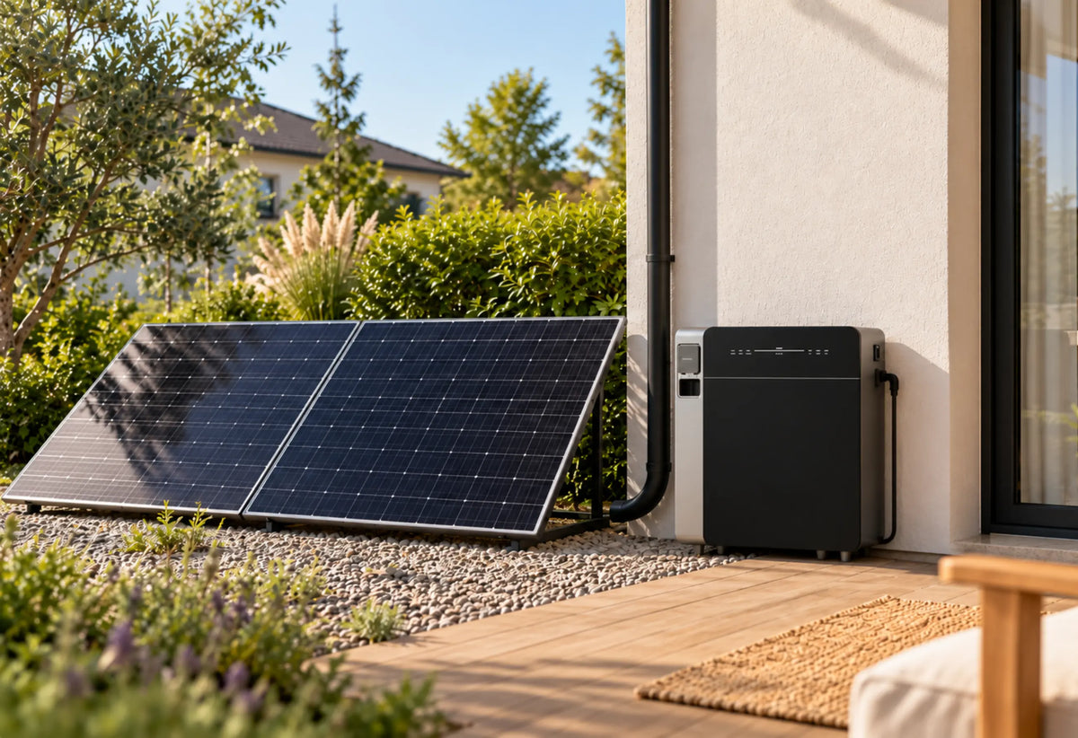 Marstek Venus E 3.0 Stromspeicher neben zwei Solarmodulen auf einem sonnigen Terrassenbereich vor einer Hauswand, umgeben von Pflanzen und modernem Wohnambiente.
