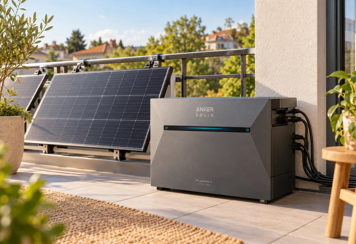 Anker SOLIX Solarbank 3 E2700 Pro auf einem sonnigen Balkon neben Solarmodulen, mit sichtbaren Anschlusskabeln und moderner Wohnumgebung im Hintergrund.