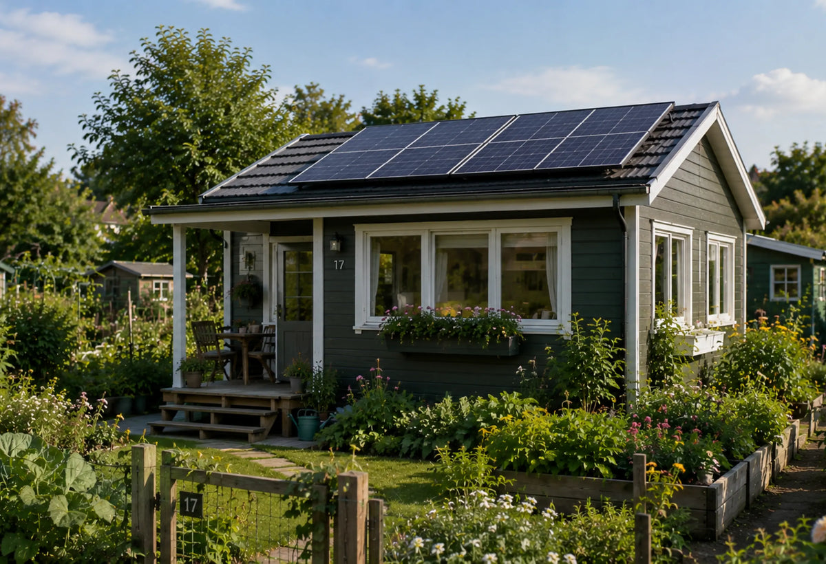 Balkonkraftwerk mit Solarmodulen auf dem Dach eines Schrebergartenhauses in einer gepflegten Kleingartenanlage mit Gemüsebeeten und Blumen