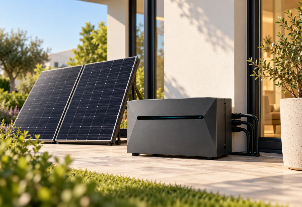 Anker SOLIX Solarbank 3 E2700 Pro auf einer sonnigen Terrasse neben zwei Solarmodulen, mit sichtbaren Anschlusskabeln und moderner Wohnumgebung.