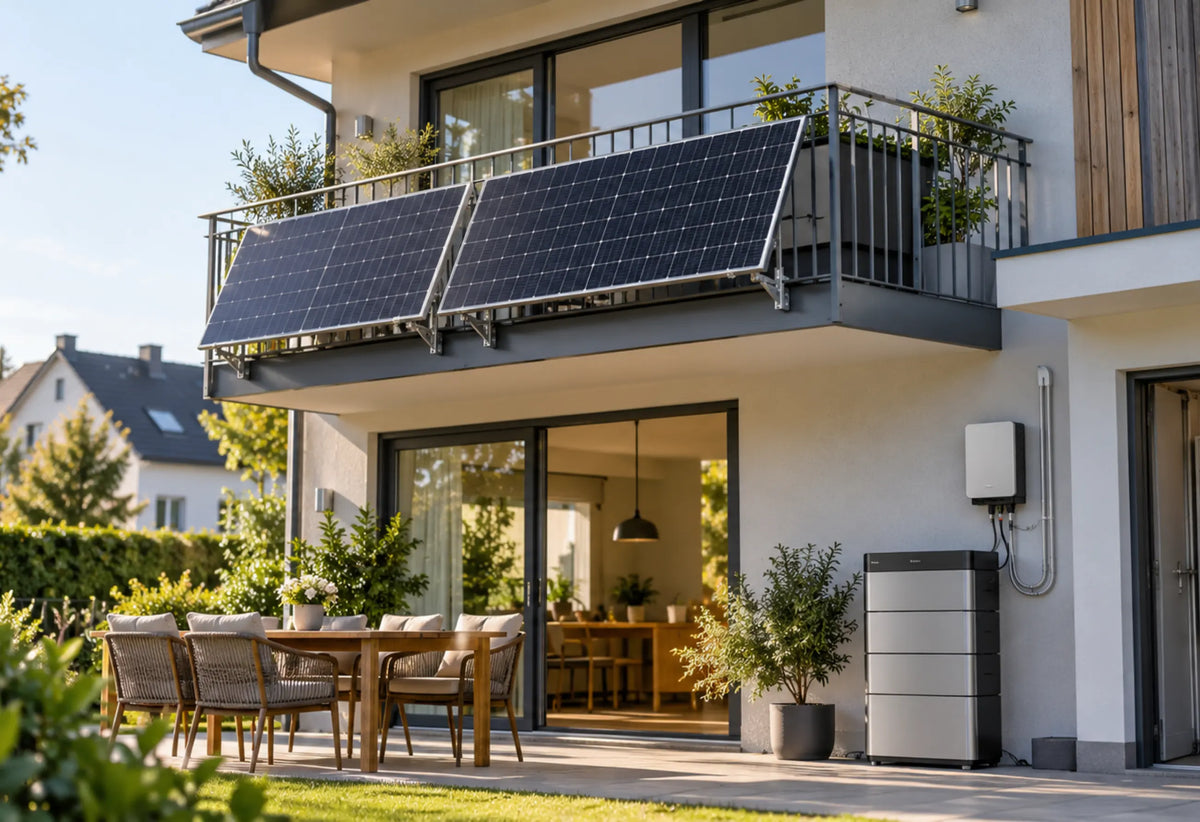 Modernes Wohnhaus mit zwei Solarmodulen am Balkongeländer, Batteriespeicher und elektrischer Hausverteilung an der Fassade.
