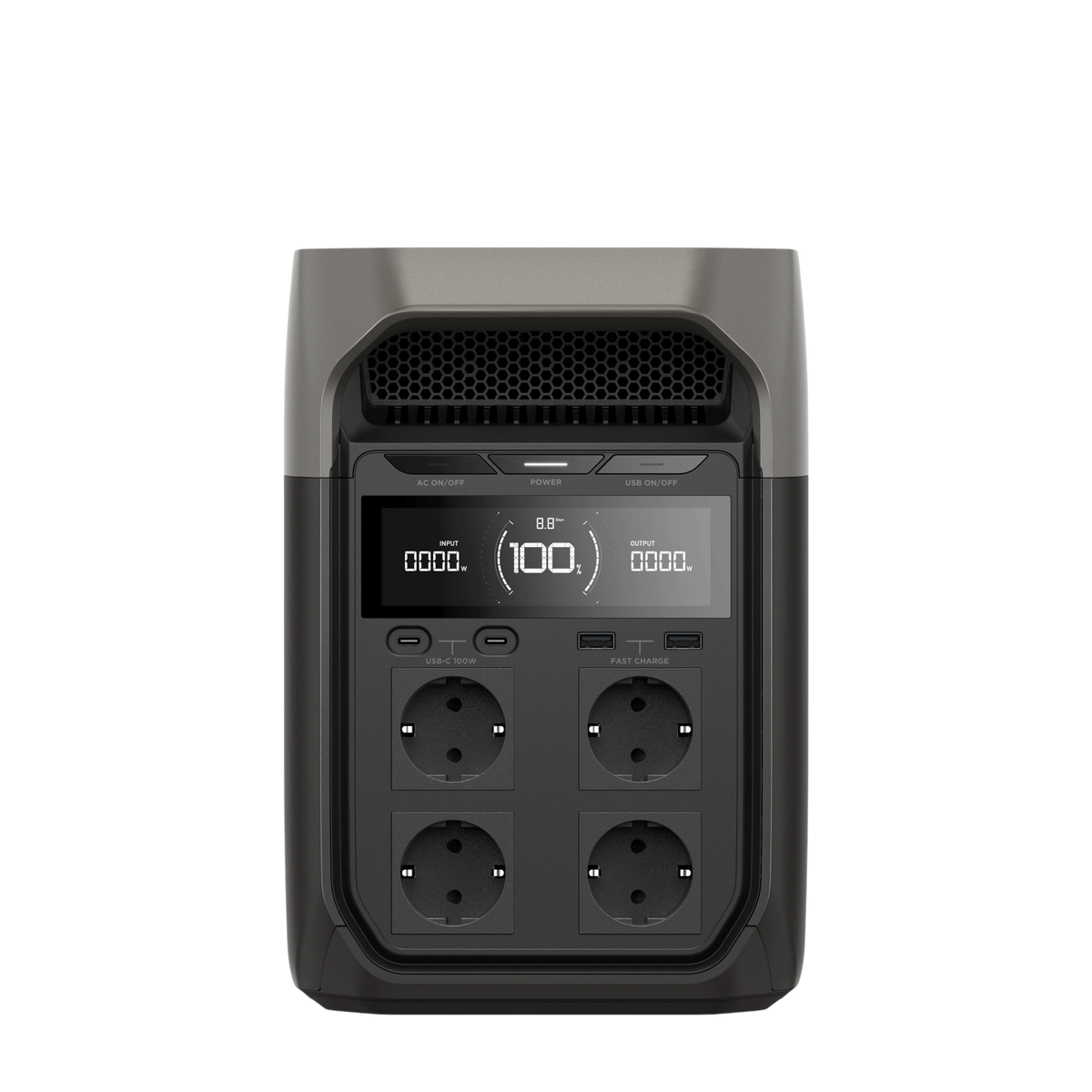 Seitenansicht der EcoFlow DELTA 3 mit sichtbaren Anschlüssen und Display
