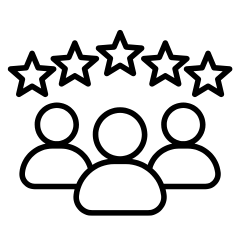 Symbol von drei Personen mit darüber schwebenden Sternen, das Kundenbewertungen, Zufriedenheit oder Erfahrungen darstellt